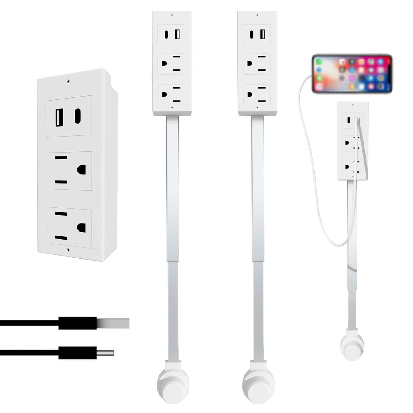 Adjustable Power Socket Extender USB-A, USB-C, Dual AC Ports, 17.7"–27.6" Retractable Cord, 180° Rotation Certified Safe for Sofa, Nightstand, or Office Desk