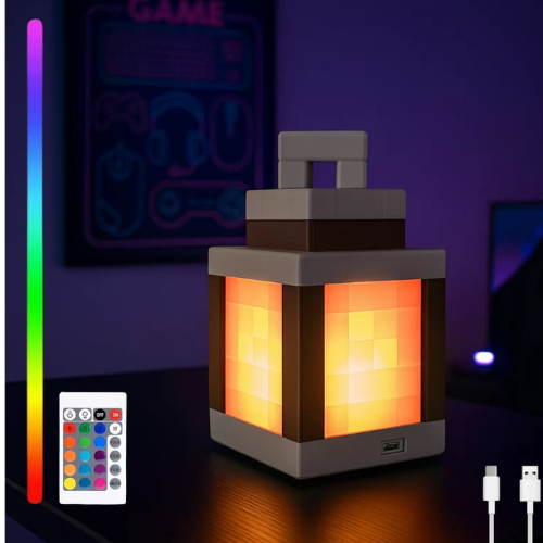 Pixel Lantern Night Light, Mining Lamp RGB Color Perfect Gift for Gamers and Kids