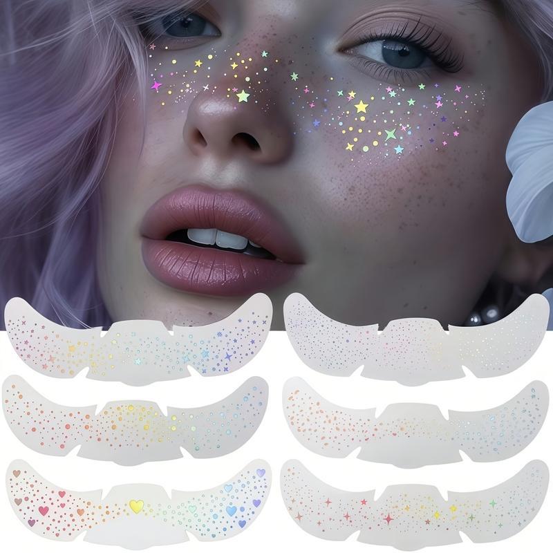 6 Sheets Sparkle Freckles Stickers, Rainbow Heart Star Pattern Waterproof Temporary Tattoo Decals for Party Holiday Daily Makeup Decoration