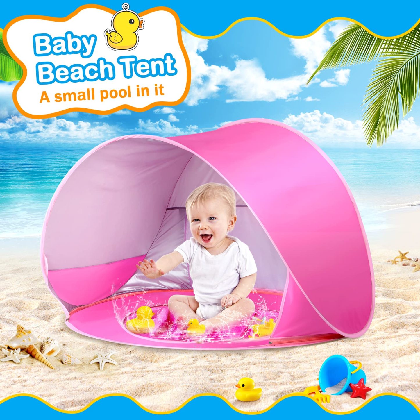 Baby Beach Tent with Mini Pool Pop-Up UV Sun Shelter UPF 50+, Removable Canopy & Carry Bag