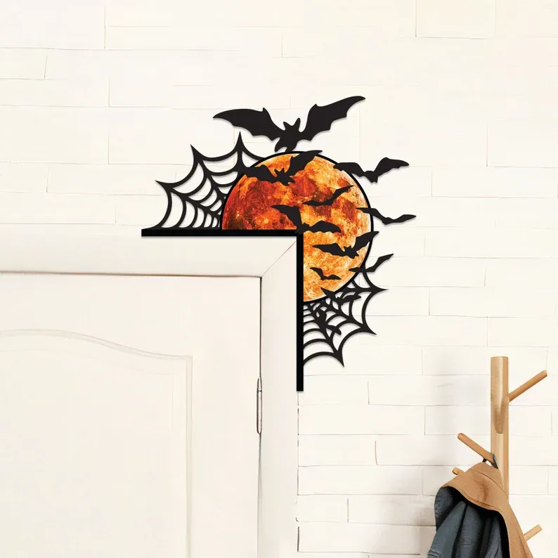 Halloween Door Corner Wooden Sign, Spider Web Moon and Bats Corner Decor, Fireplace Decor, Halloween Gift for Family, Spooky Gift