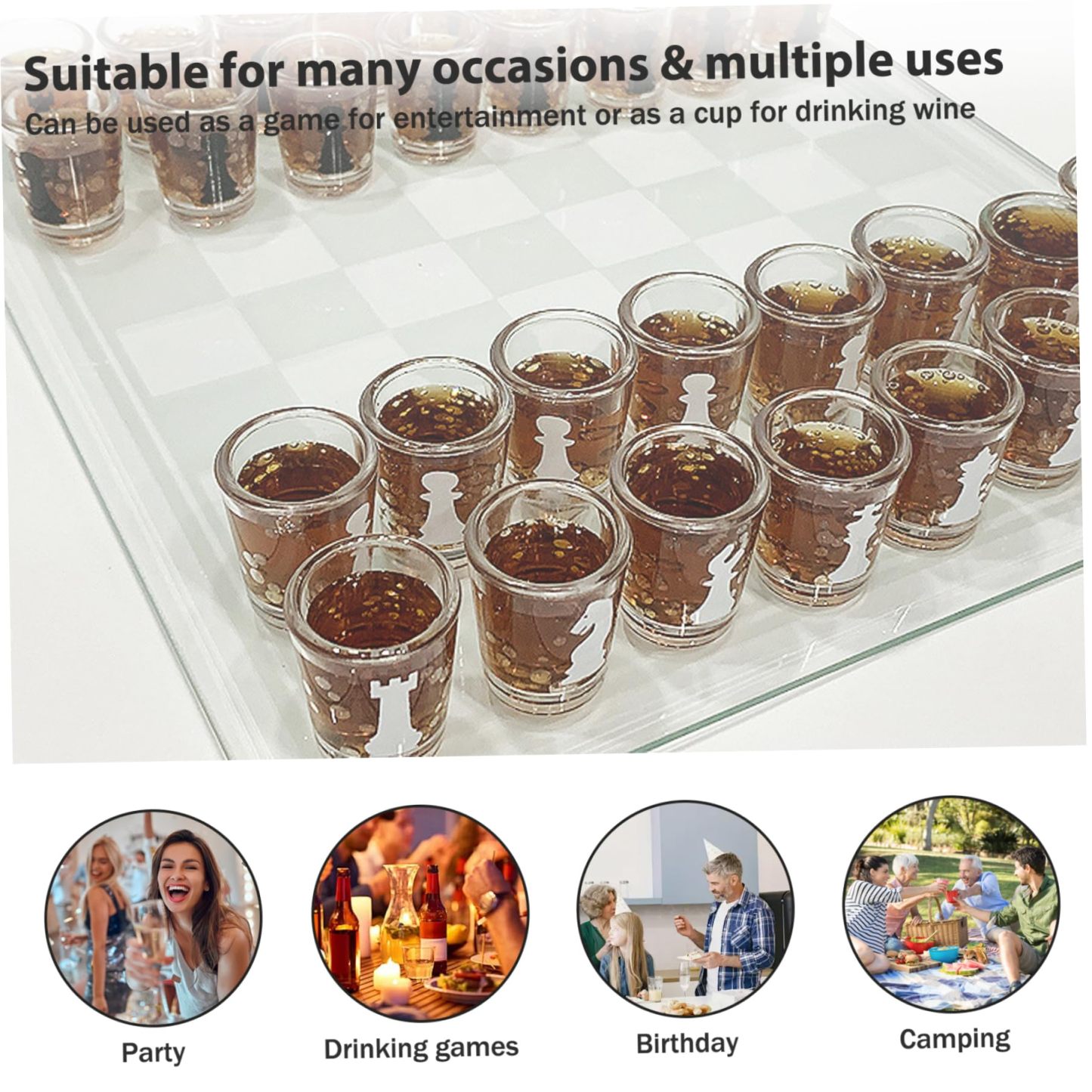 Chess Shot Glass Set | 10x10 Inch Clear Glass Board with 32 Shot Glass Chess Pieces, Fun Drinking Game for Adults, Party Gift, Novelty Chess Set for Game Nights