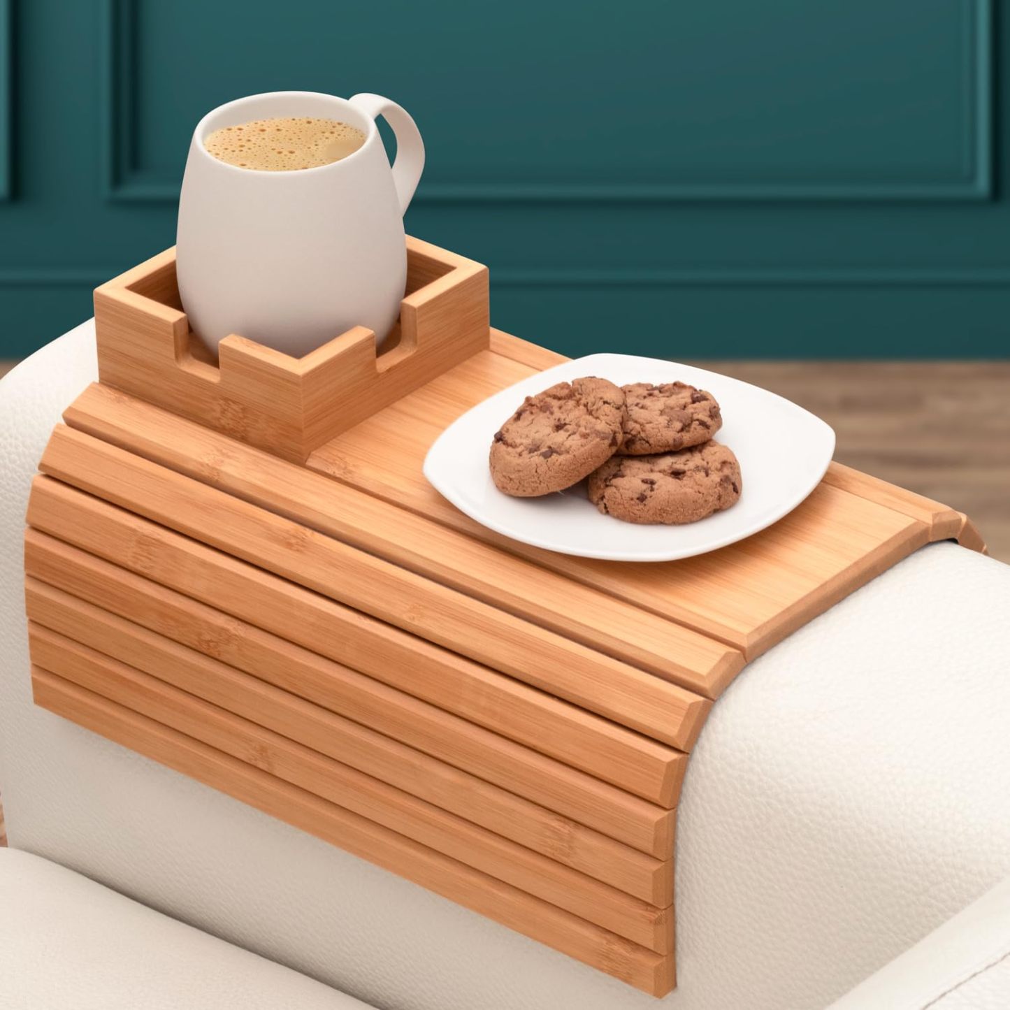 Bamboo Couch Tray with Cup Holder | Sofa Armrest Snack & Drink Holder for Couch, Recliner, Loveseat | Ideal for Small Spaces, Seniors, Apartment Living