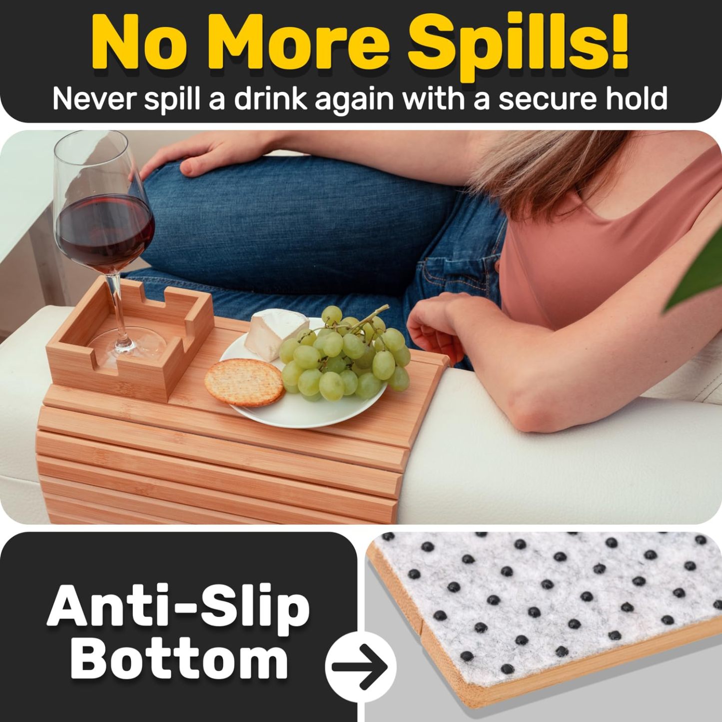 Bamboo Couch Tray with Cup Holder | Sofa Armrest Snack & Drink Holder for Couch, Recliner, Loveseat | Ideal for Small Spaces, Seniors, Apartment Living