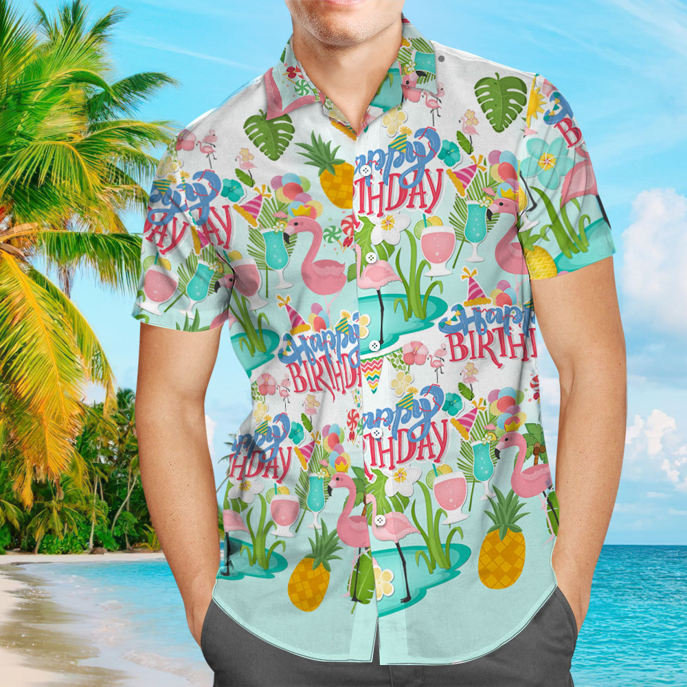 Happy Birthday Hawaiian Cheerful Flamingo Pattern Aloha Beach Shirt From Size S to 5XL Tropical Shirt For Him