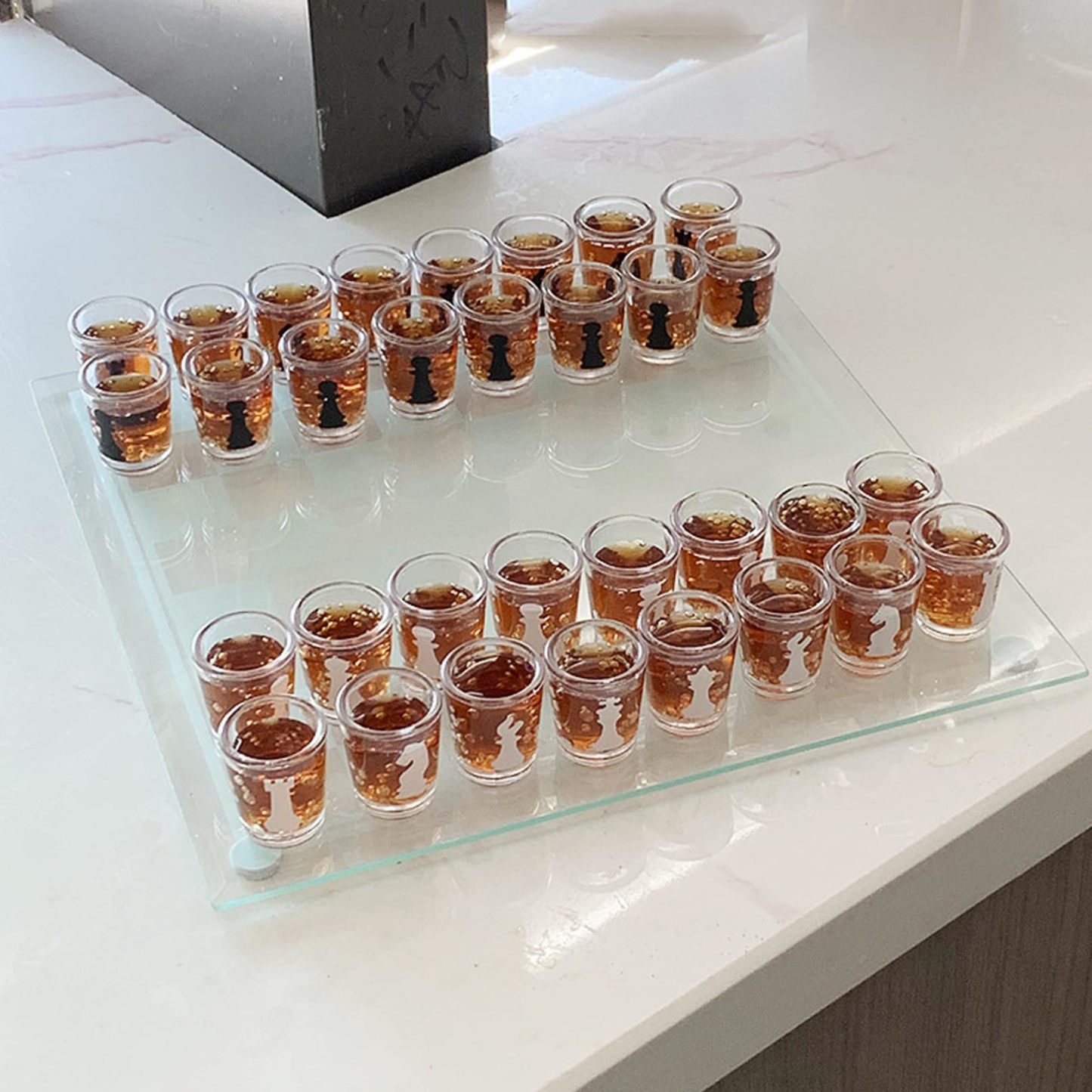 Chess Shot Glass Set | 10x10 Inch Clear Glass Board with 32 Shot Glass Chess Pieces, Fun Drinking Game for Adults, Party Gift, Novelty Chess Set for Game Nights