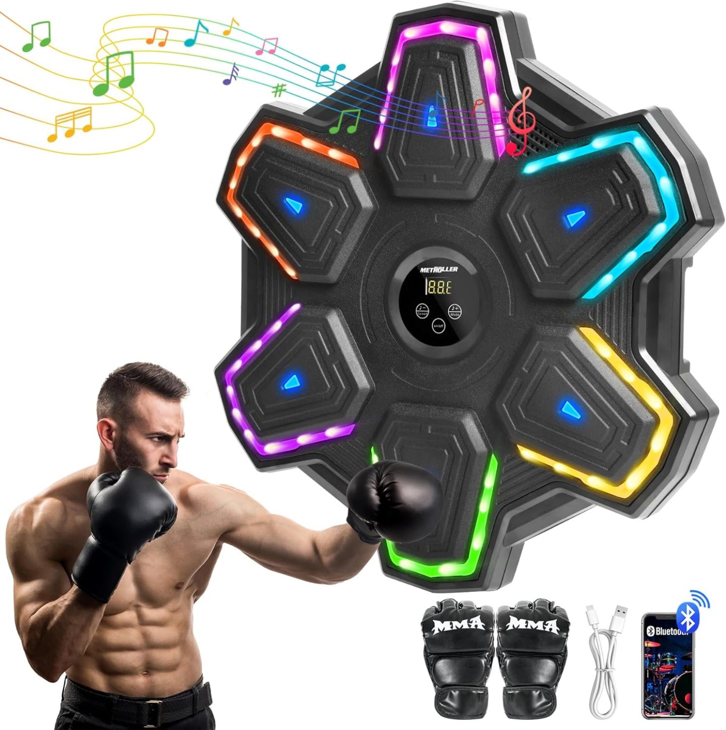 Music Boxing Machine with Bluetooth & LED Lights, Multistyle Smart Wall-Mounted Punching Trainer for Adults & Kids, Home & Gym Fitness Equipment with Gloves