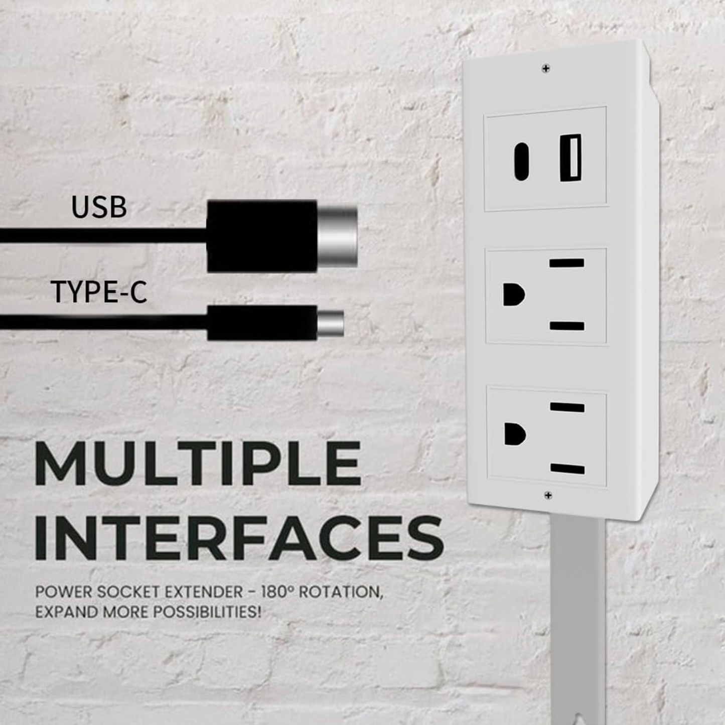 Adjustable Power Socket Extender USB-A, USB-C, Dual AC Ports, 17.7"–27.6" Retractable Cord, 180° Rotation Certified Safe for Sofa, Nightstand, or Office Desk
