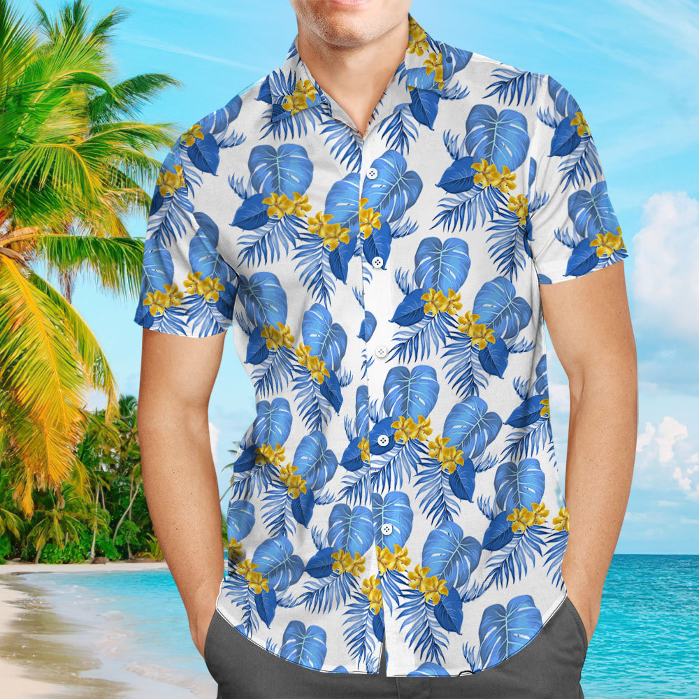 Men's Hawaiian Shirt White Shirt with Blue Leaves Pattern Aloha Beach Shirt From Size S to 5XL Tropical Shirt For Him