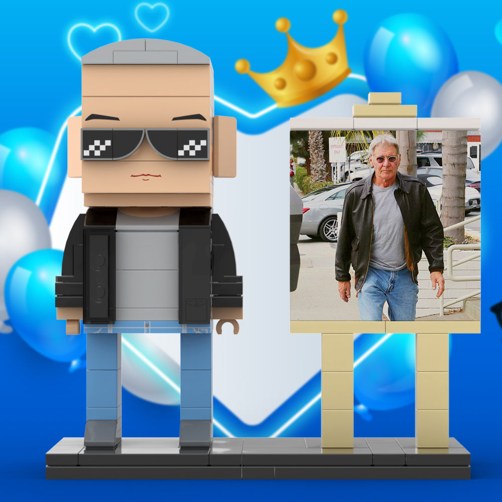 Full Body Customizable 1 Person Cool Grey Hair Daddy Street Photo With Classic Outfit Custom Brick with Frame Figures Small Particle Block Toy Brick Me Figures For Father's Day - MiniMe Pillow