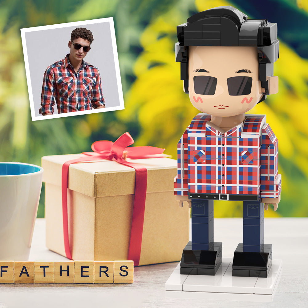 Full Body Duddu Brick Figures Customizable 1 Person Custom Brick Figures Small Particle Block Toy Brick Me Figures For Daddy in Plaid Purple Shirt On Father's Day - MiniMe Pillow