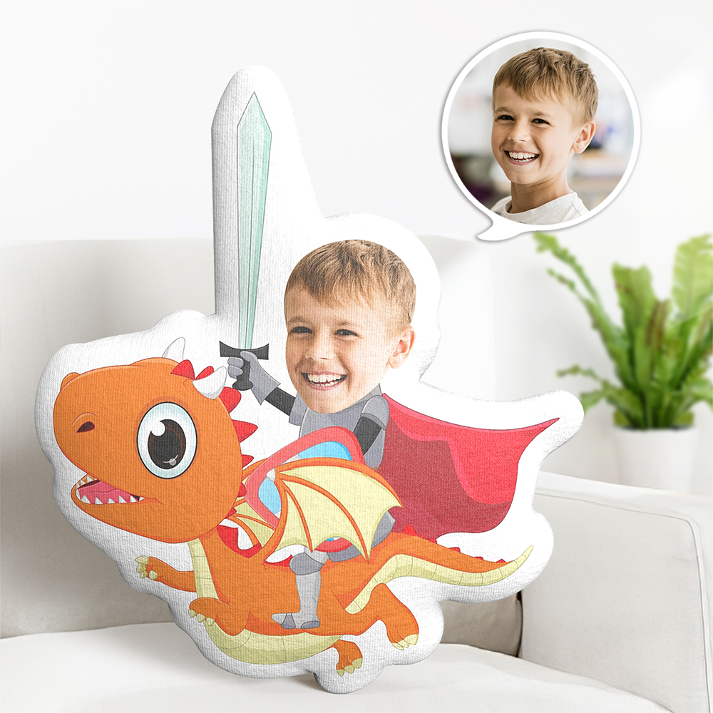Oreiller De Visage Avec Photo Personnalisée, Oreiller De Chevalier De Dinosaure De Dessin Animé, Photo Personnalisée, Oreiller En Forme Personnalisée - MiniMe Pillow