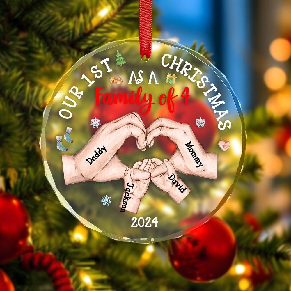 Ornement De Noël Personnalisé En Verre Pour Le Premier Noël De Bébé En Tant Que Famille Avec Nom - MiniMe Pillow