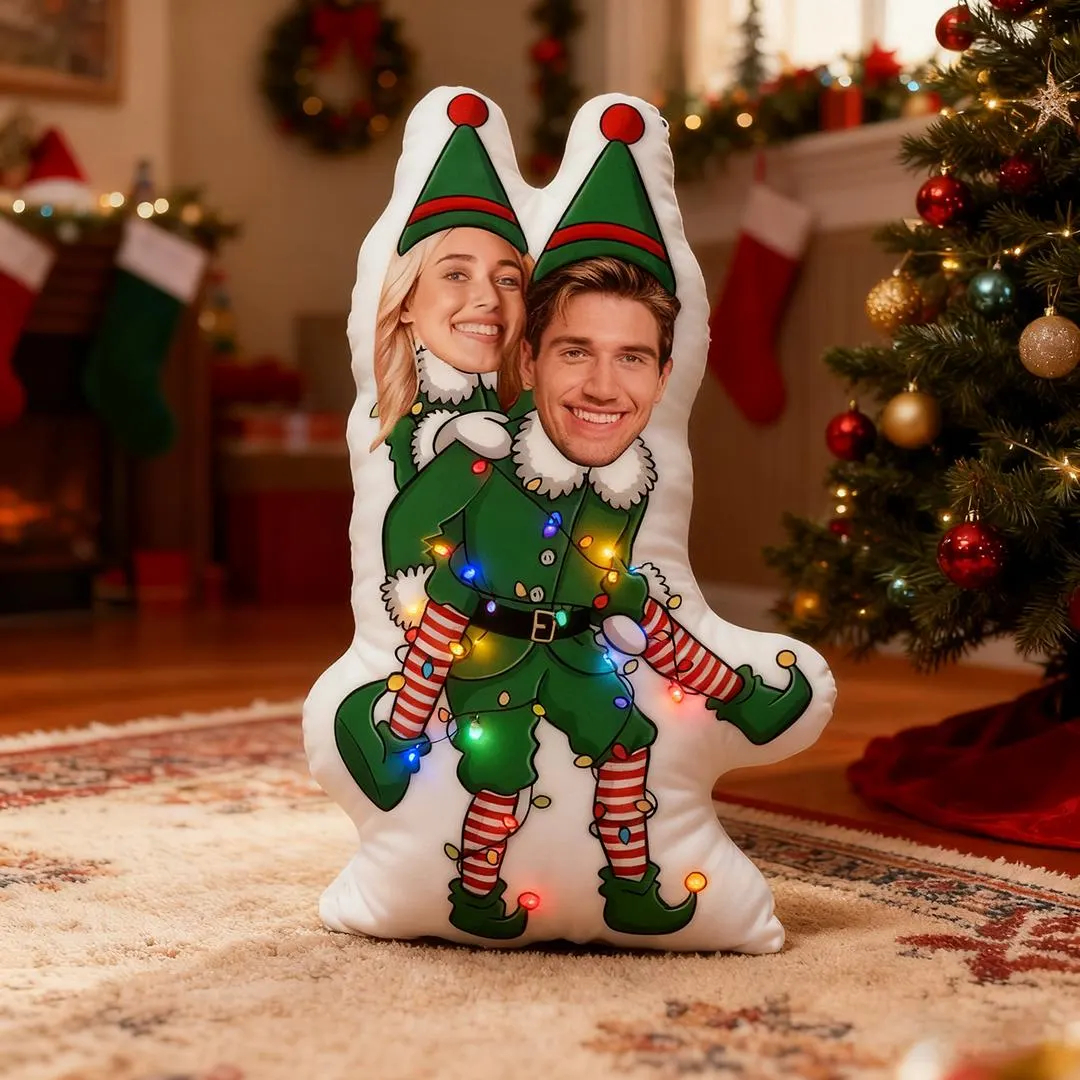 Coussin De Noël Vert Personnalisé Pour Couple, Coussin Visage Personnalisé, Coussin De Corps Père Noël Amusant, Cadeau De Noël Pour Lui Et Elle, Décoration De Noël - MiniMe Pillow