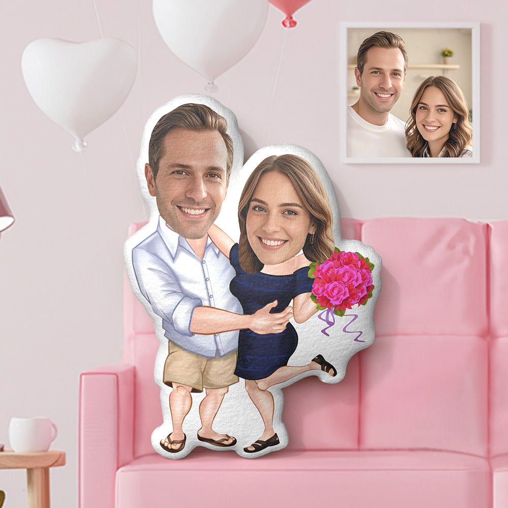 Coussin Personnalisé Minime Pour Couple, Poupées, Fleurs Personnalisées, Jupe Bleue, Oreiller Photo Pour Le Visage, Cadeau De Saint-valentin - MiniMe Pillow