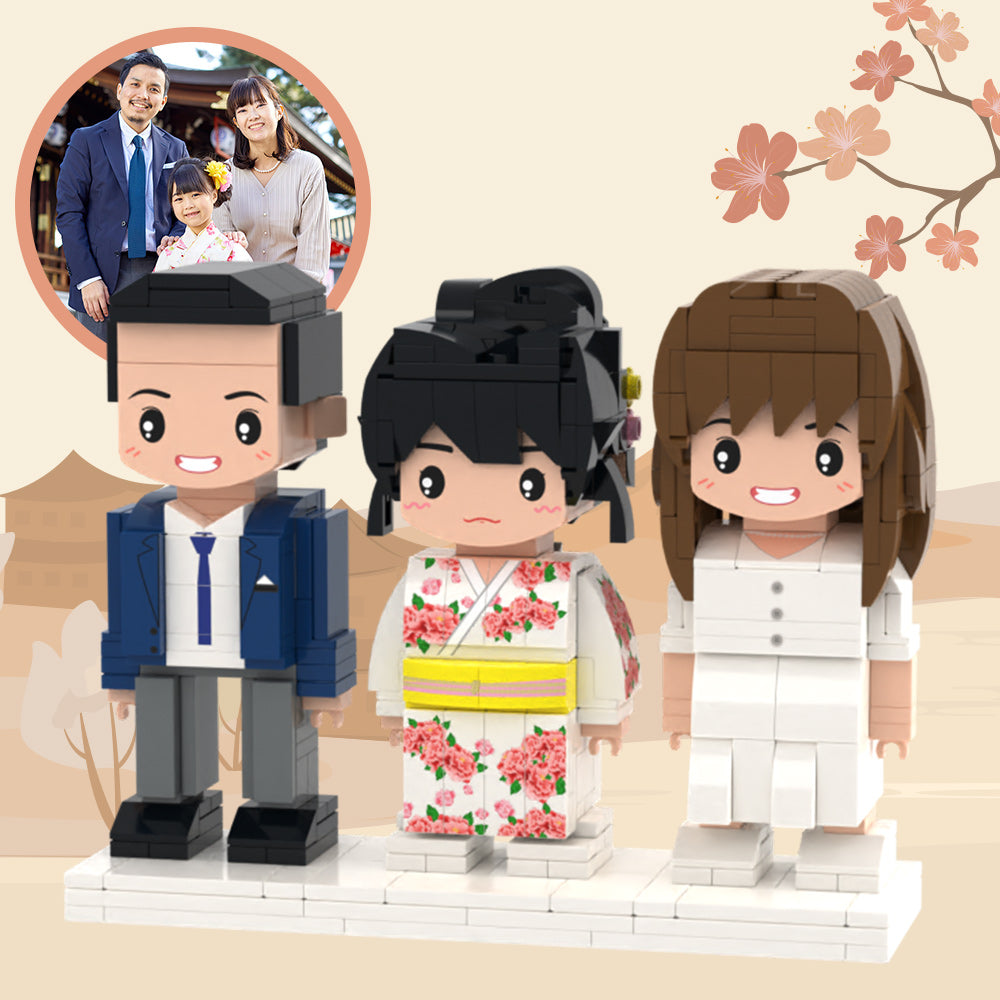 Full Body Customizable 3 People Custom Brick Figures Small Particle Block White Kid's Kimono For Family - MiniMe Pillow