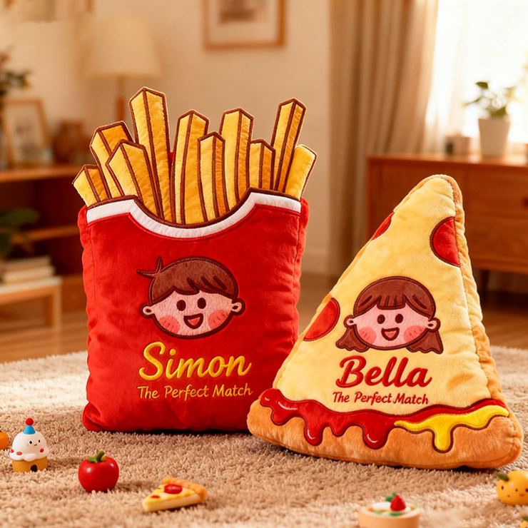 Coussin Personnalisé « fille Pizza Au Fromage Et Garçon Frites Croustillantes » Avec Nom Et Photo, Cadeau Pour Couple (elle/lui) - MiniMe Pillow