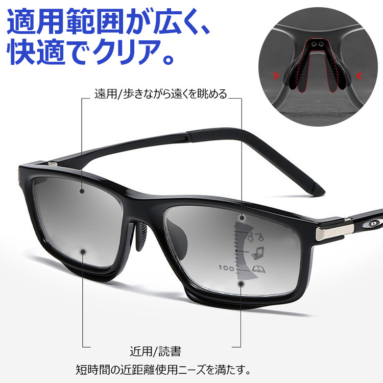 Eterlens 遠近両用メガネ【アクティブ・フォース】| スポーツも日常もこれ1本！| 調光サングラスxブルーライトカット | バネ丁番搭載スクエア型 高機能アイウェア