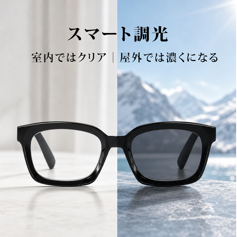 【掛け替え不要・瞬間サングラス】ETERLENS | 屋内外対応「魔法の調光レンズ」 | 水墨画風ウェリントン | 老眼鏡 度付き