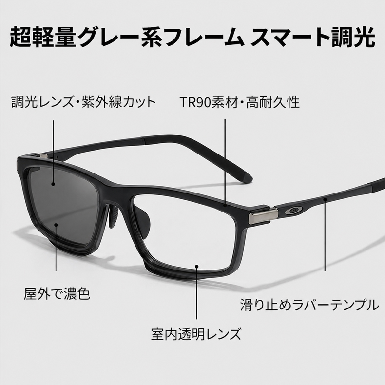 【調光・遠近両用】Eterlens 老眼鏡 おしゃれ スクエア | スマート調光・ブルーライトカット | スポーティデザイン・アウトドア兼用-Black