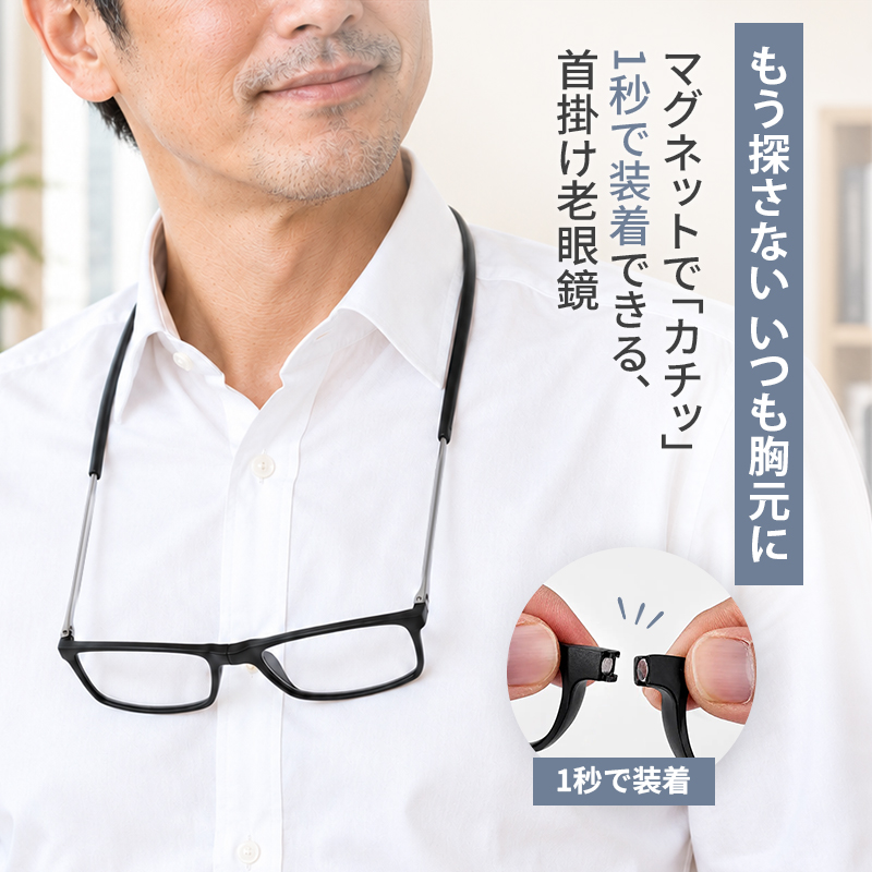 【スクエア型・メンズ向け】Eterlens｜磁石式首掛けリーディンググラス｜UV・ブルーライトカット｜快適な掛け心地