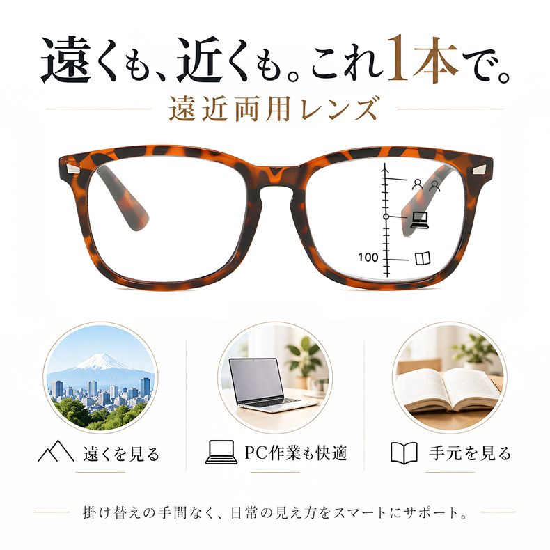 遠近両用累進多焦点ブルーライトカットビッグフレーム老眼鏡 | Wellington Progressive | Eterlens