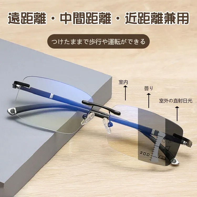 【究極の超軽量設計・1本で3役】Eterlens ゼロ・フレックス 遠近両用 調光メガネ | 付けていることを忘れる超軽量設計 | ツーポイント | ブルーライトカット 老眼鏡 おしゃれ - 商品画像 2/6 (Rimless Progre
