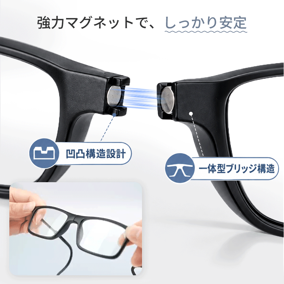 【スクエア型・メンズ向け】Eterlens｜磁石式首掛けリーディンググラス｜UV・ブルーライトカット｜快適な掛け心地
