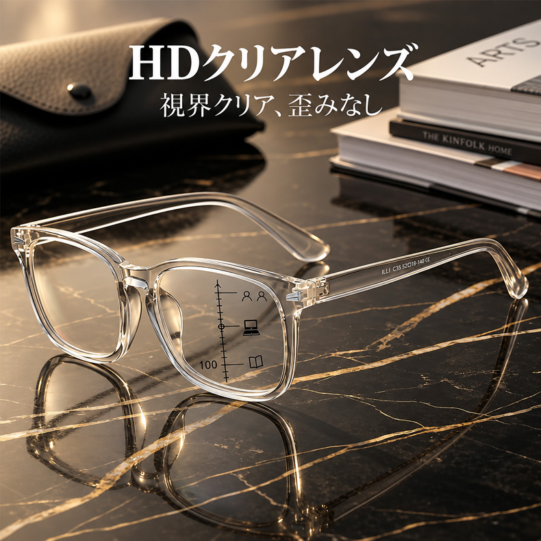 遠近両用累進多焦点ブルーライトカットビッグフレーム老眼鏡 | Wellington Progressive | Eterlens