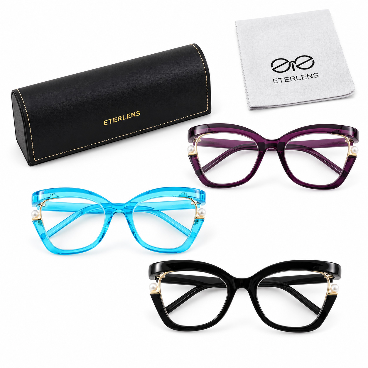 Eterlens『Audrey』｜パールが輝く、女優フォックス型PCメガネ｜ブルーライトカット・老眼鏡