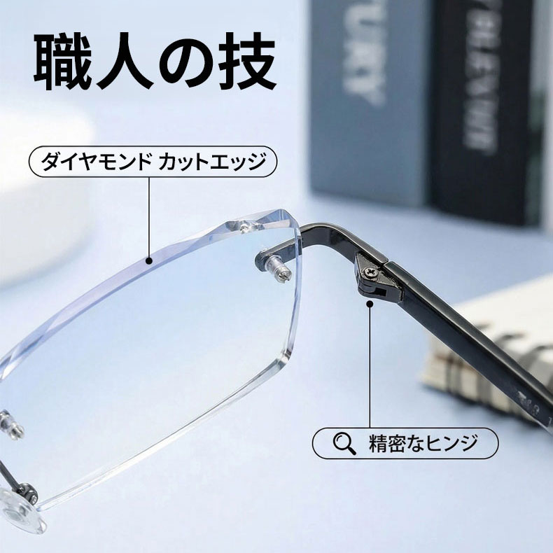 【黄金比スクエア・知的な印象】Eterlens 老眼鏡 メンズ | 縁なし | 超軽量メタル | ブルーライトカット・ビジネス・高品質シニアグラス