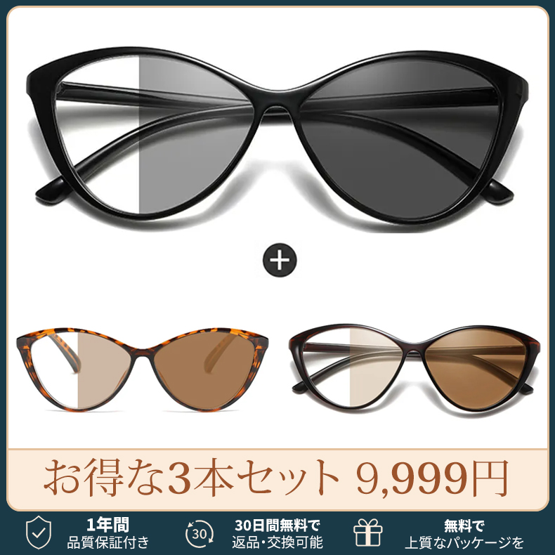 【TR軽量・調光変色】 Eterlens｜欧米風ビッグフレームキャットアイ ブルーライトカットメガネ｜軽やかなTR素材 長時間でも鼻に負担がかかりにくい｜自動調光で1本2役｜ビッグフレームですっきり見え・すっきり見え