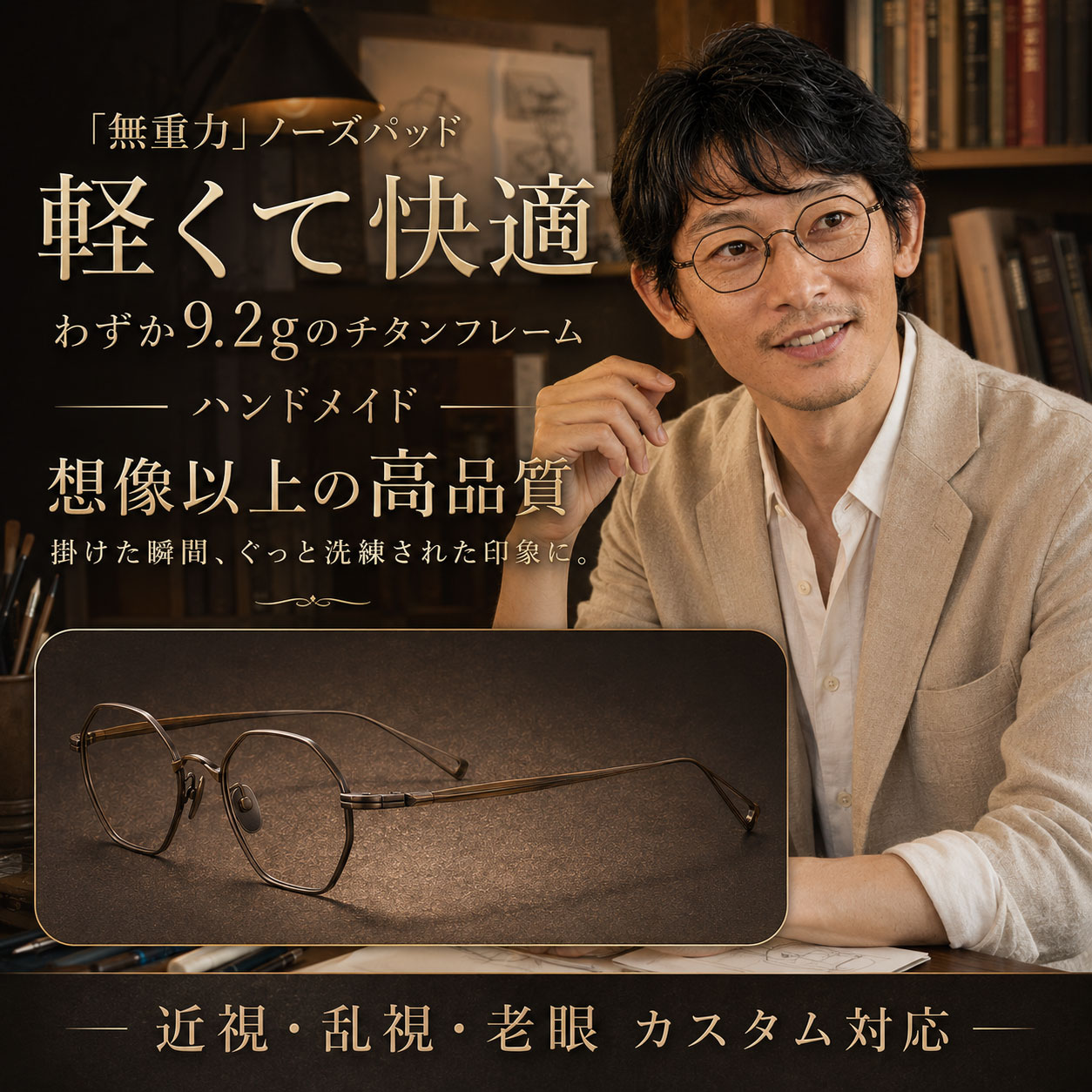 Eterlens | 9.2 g βチタンフレーム【AXIS-8】| 精密工学が生んだオクタゴンデザイン | 仕事中の所作に、静かな品格を | 近視・乱視・老眼 カスタム対応