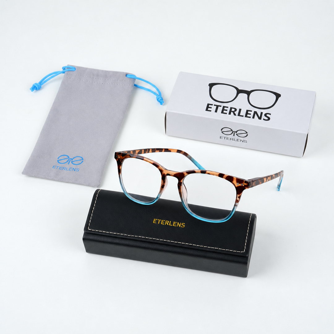 【遊び心あふれる】Eterlens 老眼鏡 "アクア・ディップ" | 定番のべっ甲柄をカラーで遊ぶ | ブルーライトカット バネ丁番 ウェリントン メンズ レディース