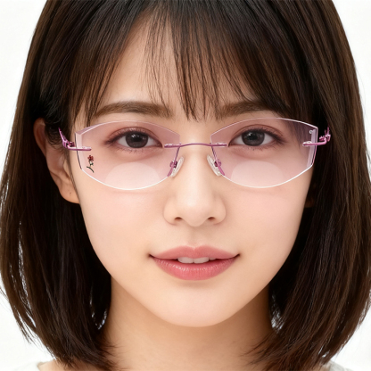 Eterlens｜エッジカットピンクレンズリムレス老眼鏡｜遠近両用ブルーライトカット｜高級感が漂うビジネススタイル