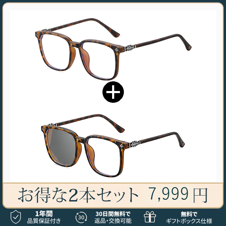 【シルバー彫刻×ビッグウェリントン型】Eterlens｜クロス＆唐草彫刻 リーディンググラス｜曇り止め・ブルーライトカット・遠中近対応｜調光レンズ｜顔まわりをすっきり見せる大きめフレーム