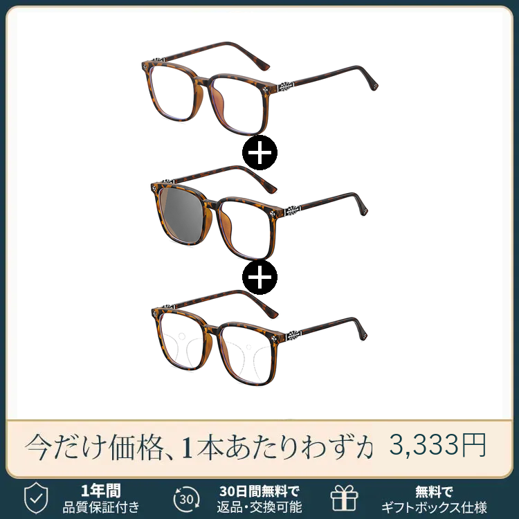 【シルバー彫刻×ビッグウェリントン型】Eterlens｜クロス＆唐草彫刻 リーディンググラス｜曇り止め・ブルーライトカット・遠中近対応｜調光レンズ｜顔まわりをすっきり見せる大きめフレーム