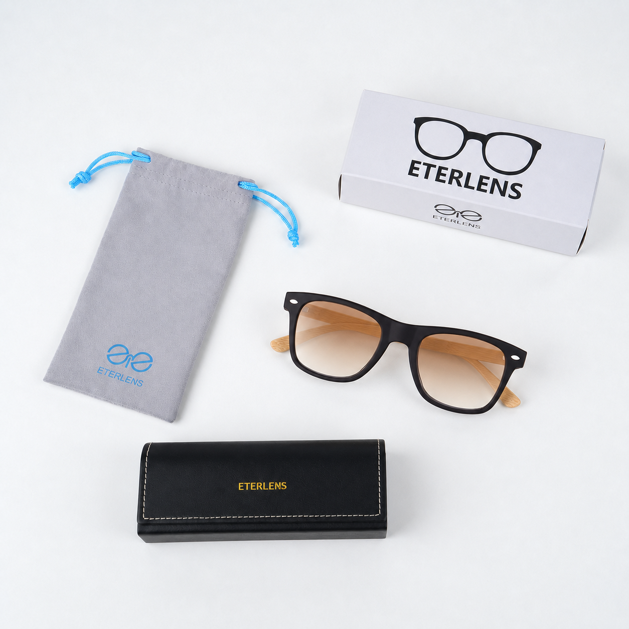 【度付きサングラス・ズレにくい】Eterlens｜高級感漂う 木製テンプル スクエア型｜遠近両用 小顔見え サングラス 