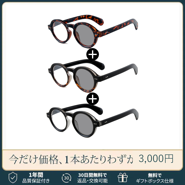Eterlens｜クラシックな太セルラウンドメガネ｜べっ甲柄｜調光レンズ｜ブルーライトカット｜知的な印象に