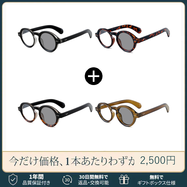 Eterlens｜クラシックな太セルラウンドメガネ｜べっ甲柄｜調光レンズ｜ブルーライトカット｜知的な印象に