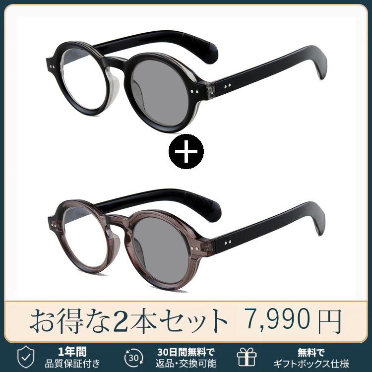Eterlens｜クラシックな太セルラウンドメガネ｜べっ甲柄｜調光レンズ｜ブルーライトカット｜知的な印象に