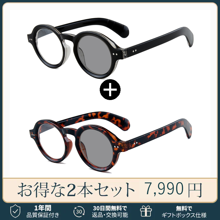 Eterlens｜クラシックな太セルラウンドメガネ｜べっ甲柄｜調光レンズ｜ブルーライトカット｜知的な印象に