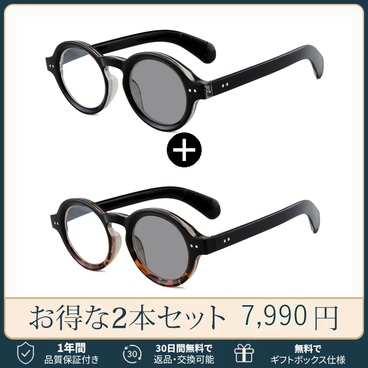 Eterlens｜クラシックな太セルラウンドメガネ｜べっ甲柄｜調光レンズ｜ブルーライトカット｜知的な印象に