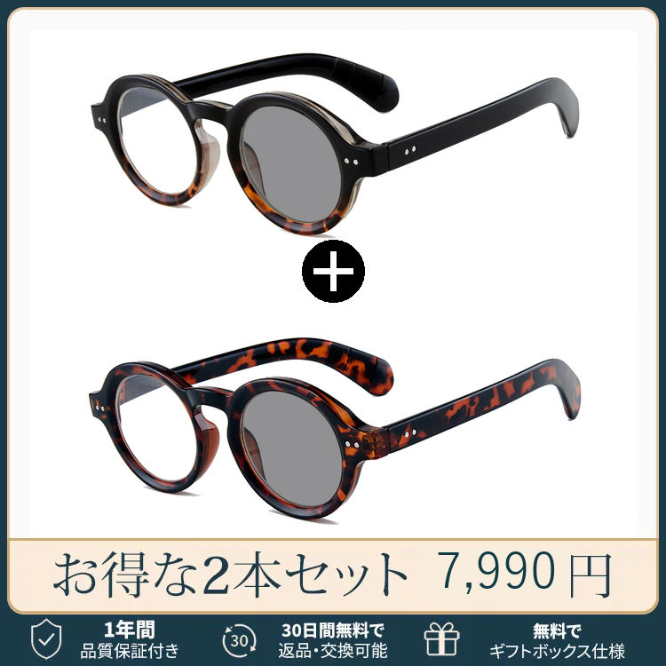 Eterlens｜クラシックな太セルラウンドメガネ｜べっ甲柄｜調光レンズ｜ブルーライトカット｜知的な印象に