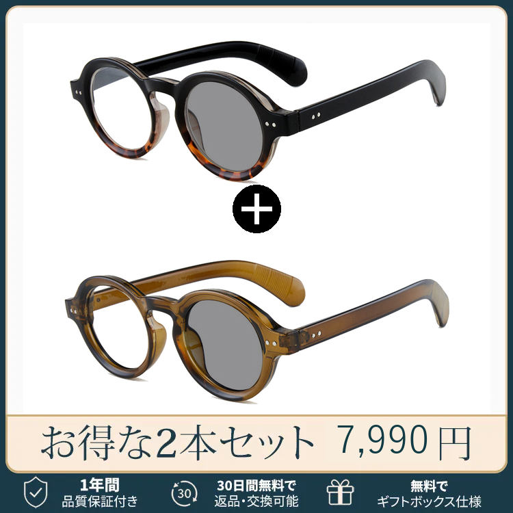 Eterlens｜クラシックな太セルラウンドメガネ｜べっ甲柄｜調光レンズ｜ブルーライトカット｜知的な印象に