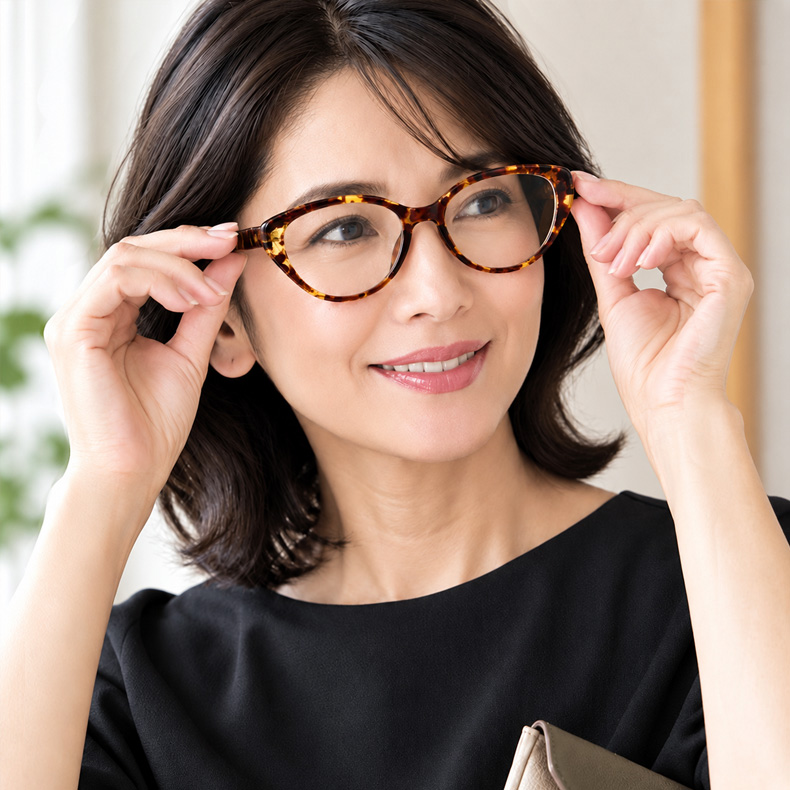 【小顔効果・メガネ】ETERLENS | フェイスライン補整「フォックス型」 | リフトアップ | 軽量 アセテート 大人可愛い 度付き