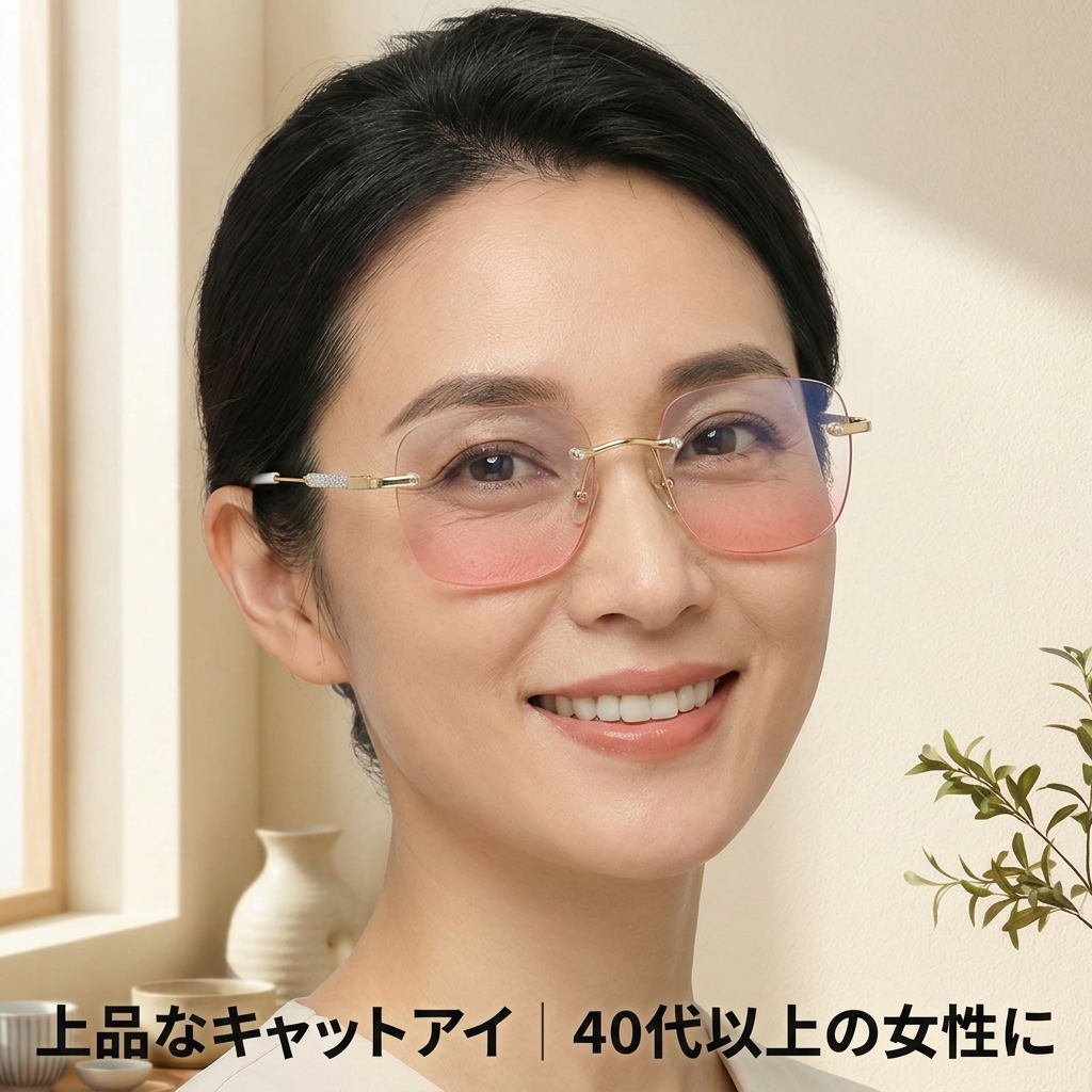 チークカラーレンズ機能付き新作リムレス老眼鏡 | Rimless BlueGuard | Eterlens - model wearing image (AI generated, QA passed)