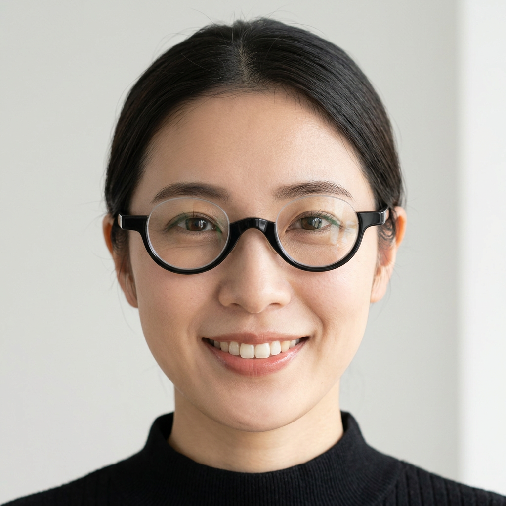 ラウンド型おしゃれシニアグラス | Round BlueGuard | Eterlens - model wearing image (AI generated, QA passed)