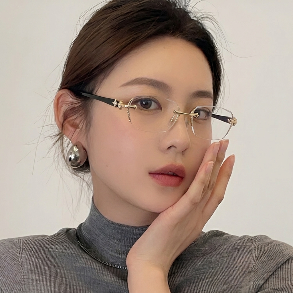 クラシカルな雰囲気が漂う 彫刻風縁無しグラス | Rimless BlueGuard | Eterlens - model wearing image (AI generated, QA passed)