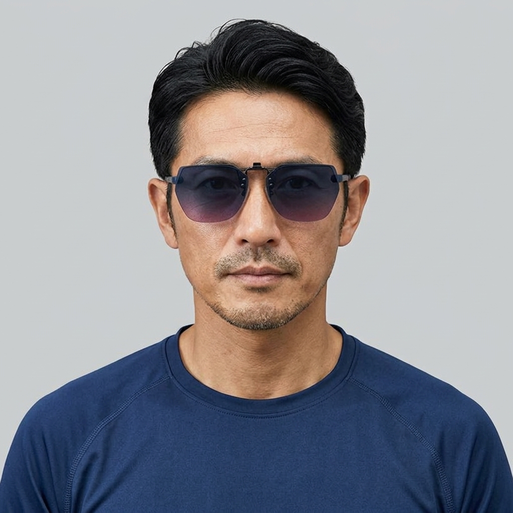 さっとサングラスになる クリップオンレンズ|耳掛けのないメガネ | Round Polar | Eterlens - model wearing image (AI generated, QA passed)